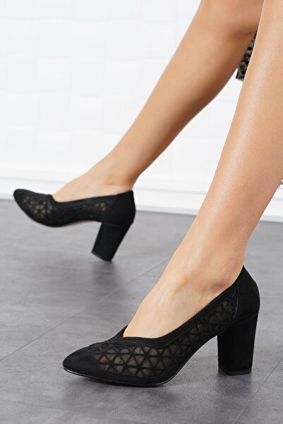 Moda Pie Bella V Ağız Tüllü Kadın Topuklu Ayakkabı Siyah Süet