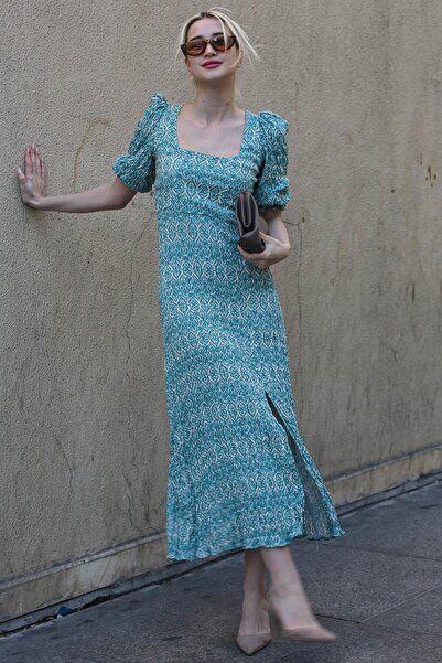 Madmext Turkuaz Kare Yaka Desenli Uzun Elbise Mg1802