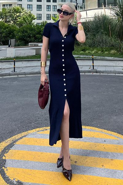 Madmext Φόρεμα με λαιμόκοψη Navy Blue Μακρύ Πλεκτό - MG2078 με κουμπιά