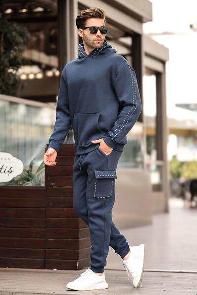 Madmext Set de trening pentru bărbați, albastru bleumarin, cu glugă - picior elastic 5957