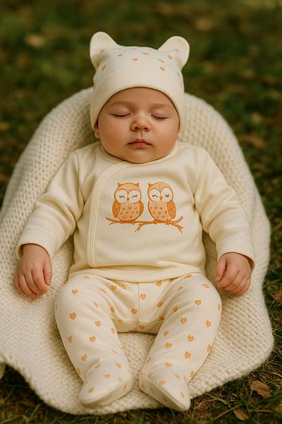 TRENDİMİZBİR Bird Embroidered Unisex 3-Piece Baby Bodysuit Set - Orange