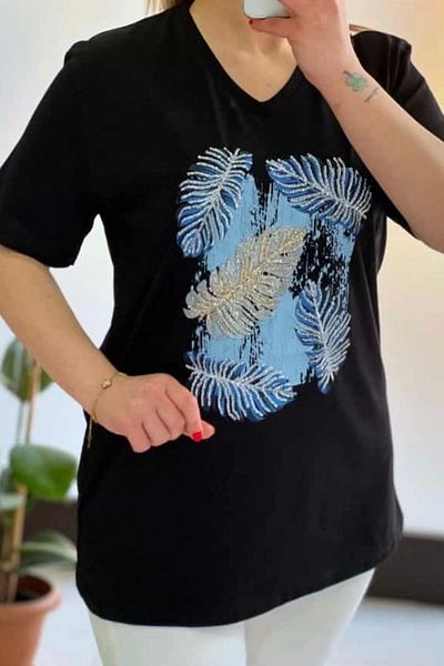 Bİ.GİYSEN Women's Plus Size Black V-Neck Leaf Sequin Embroidered 100% Cotton Combed Fabric Short Sleeve Buluz T-Shirt