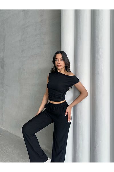 New Lune Women's Summer Two-Piece Suit-Trend Asymmetrical Neck Blouse and Pants