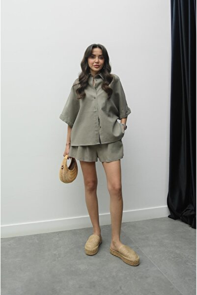 Havoş Mink Straw Belted Shorts Shirt Linen Set