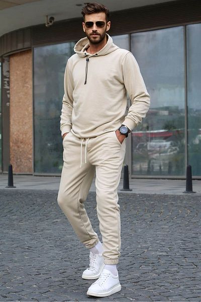 Madmext Beige Hooded Basic Tracksuit Set 5908