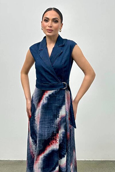 Moda Amore Şifon ve Kemer Detaylı Ceket Yaka Modern ve Şık Kot Elbise 038