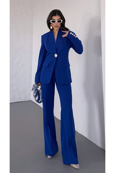 pembekurdelem Women's Gold Buttoned Jacket Pants Suit Saks Blue