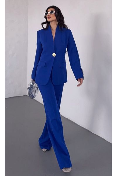 pembekurdelem Women's Gold Buttoned Jacket Pants Suit Saks Blue