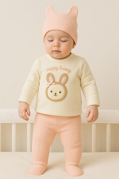 TRENDİMİZBİR Buckle Rabbit Embroidered Baby Girl 3-Piece Bodysuit Set - Salmon