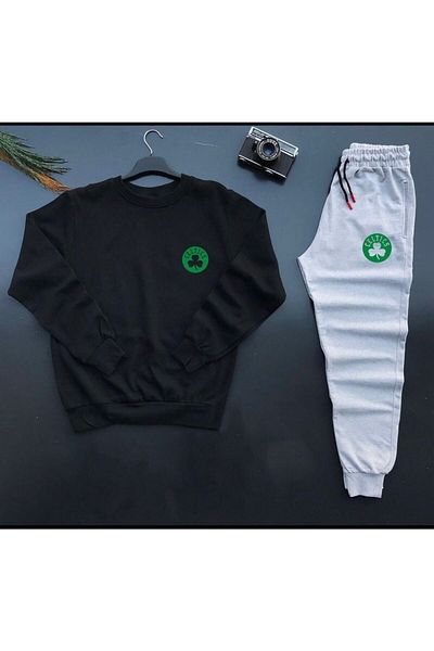 NEW TRENDY COLLECTİON New Season Unisex Cltc Printed Gray Cotton Crew Neck - Gray Cotton Sweatpants Set, 2-Piece