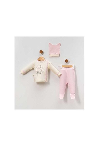 TRENDİMİZBİR Butterfly Cat Embroidered Baby Girl 3-Piece Hospital Outfit Set - Pink