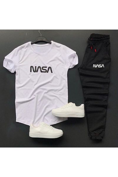 NEW TRENDY COLLECTİON Unisex Nasa Printed T-Shirt - Gray Sweatpants Slim Fit Combination Bottom Top Set