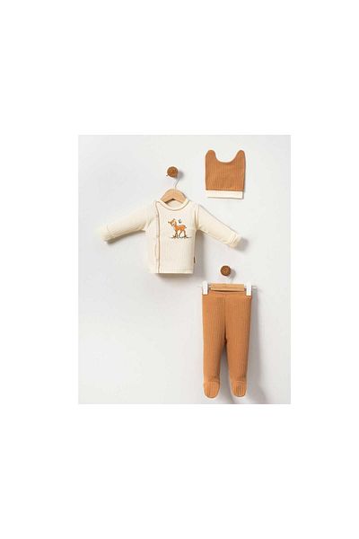 TRENDİMİZBİR Unisex Baby Ceylan Embroidered 3-Piece Hospital Outfit Set - Brown