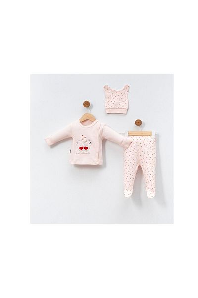 TRENDİMİZBİR Heart Cat Embroidered Baby Girl 3-Piece Bodysuit Set - Salmon