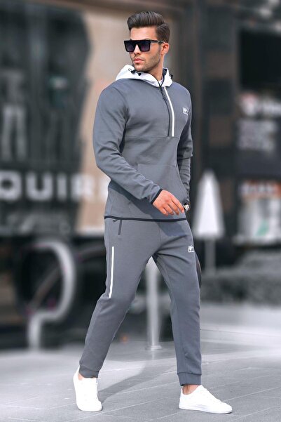 Madmext Ανδρική αθλητική φόρμα 6843 - Καπνιστή, με φερμουάρ και κουκούλα