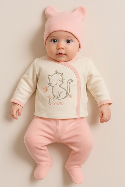 TRENDİMİZBİR Butterfly Cat Embroidered Baby Girl 3-Piece Hospital Outfit Set - Pink