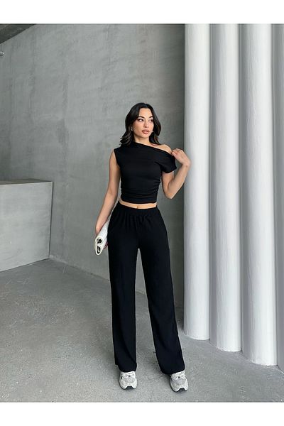 New Lune Women's Summer Two-Piece Suit-Trend Asymmetrical Neck Blouse and Pants