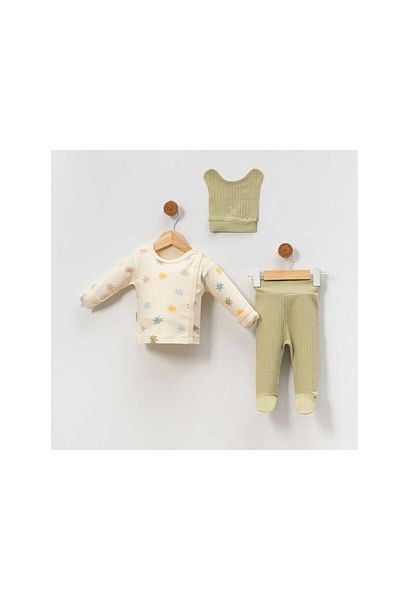 TRENDİMİZBİR Colorful Stars Patterned Unisex Baby 3-Piece Hospital Outfit - Green