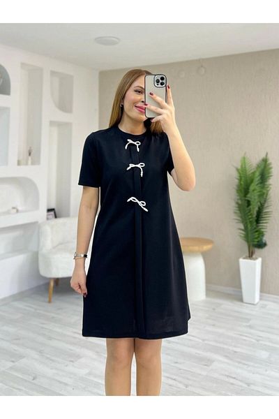 Masspera Crew Neck Short Sleeve Bow Detail Mini Dress