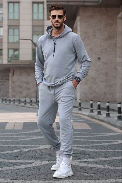 Madmext Dyed Gray Hooded Basic Tracksuit 5908