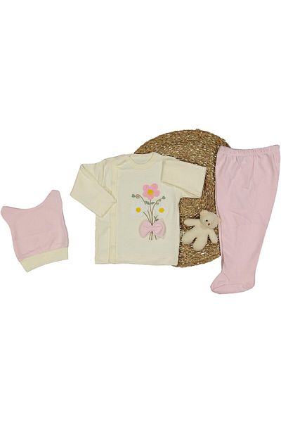 TRENDİMİZBİR Baby Girl Floral Embroidered Buckle 3-Piece Hospital Outfit Set - Pink