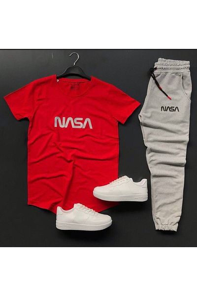 NEW TRENDY COLLECTİON Unisex Nasa Printed T-Shirt - Gray Sweatpants Slim Fit Combination Bottom Top Set