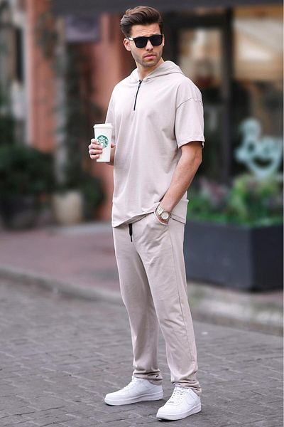 Madmext Beige Men's Over Fit Hooded Tracksuit Set 5944