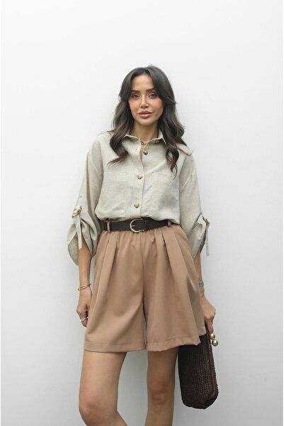 Havoş Μπεζ ακατέργαστο λινό πουκάμισο με λεπτομέρεια ζώνης στα μανίκια