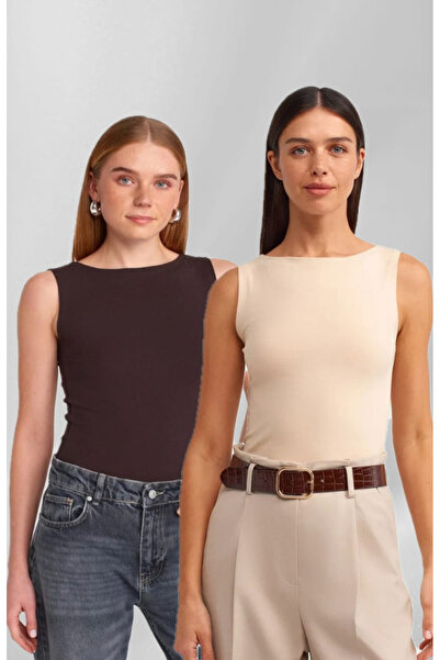 ZUXO Boat Neck 2 Pack Sleeveless Brown Cream
