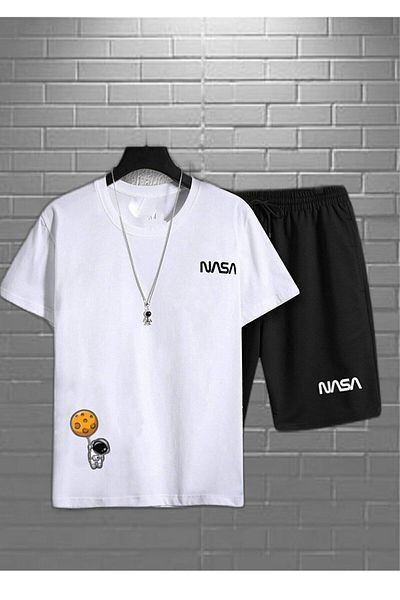 NEW TRENDY COLLECTİON Unisex Nasa Astronaut Print White Oversize T-shirt - Slim Fit Nasa Printed Black Shorts Bottom Top Set