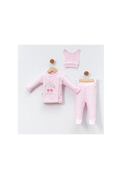 TRENDİMİZBİR Heart Cat Embroidered Baby Girl 3-Piece Bodysuit Set - Pink