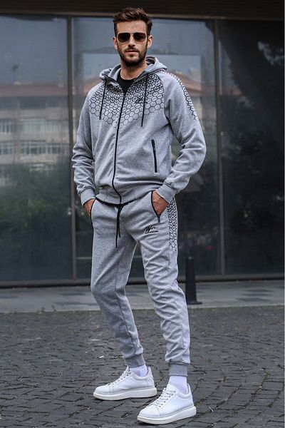 Madmext Gray Printed Hooded Tracksuit Set 5906