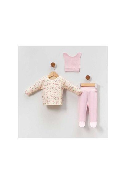 TRENDİMİZBİR Unisex Baby Pink Ribbon Patterned 3-Piece Hospital Outfit Set