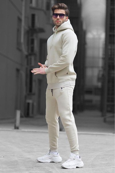 Madmext Light Beige Hooded Basic Tracksuit Set 5905