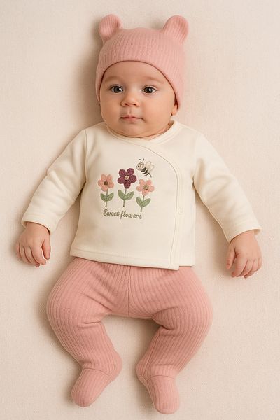 TRENDİMİZBİR Tulip Bee Embroidered Baby Girl 3-Piece Hospital Outfit Set - Powder