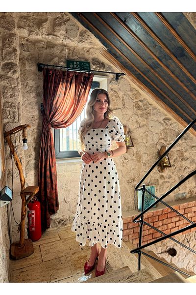 Store Balloon Sleeve Polka Dot Dress
