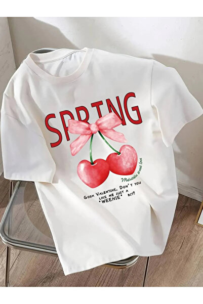 donamod تي شيرت نسائي مطبوع عليه قلب الكرز مقاس كبير مريح برقبة دائرية