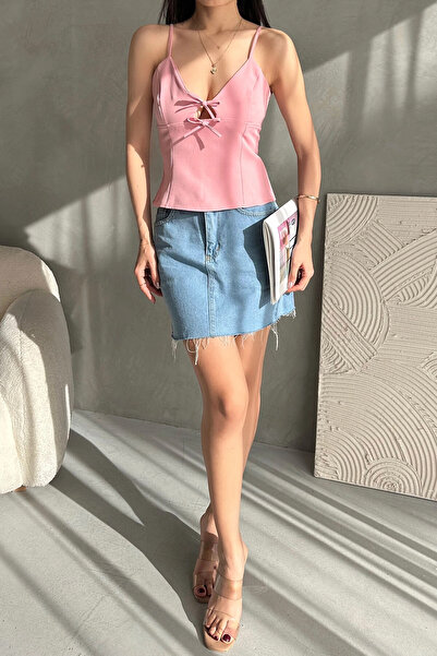 bacc Γυναικεία καλοκαιρινή μπλούζα με ρυθμιζόμενο λουράκι σε πούδρα με λεπτομέρεια δεμένη μπροστά Bcdf-252187