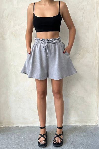 bacc Women's Gray Flounce Comfortable Fit Elastic Waist Linen Shorts Bchn- 25255058