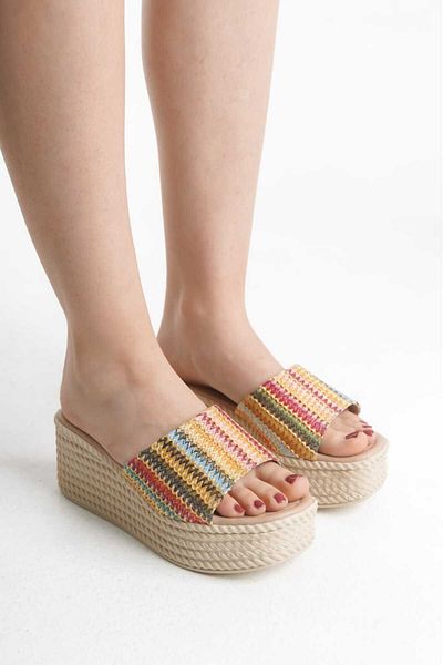 MİSSJENY Γυναικείες παντόφλες Straw Look Single Strap Wedge Heels Nude Color