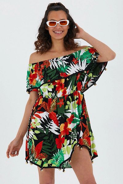 bacc Women's Green Madonna Collar Patterned Flounce Woven Dress Bcvl- 251000 Elb