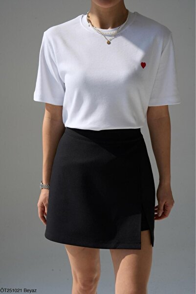 Hazinedan Women's Pink Crew Neck Oversized Lover T-Shirt with Heart Embroider...