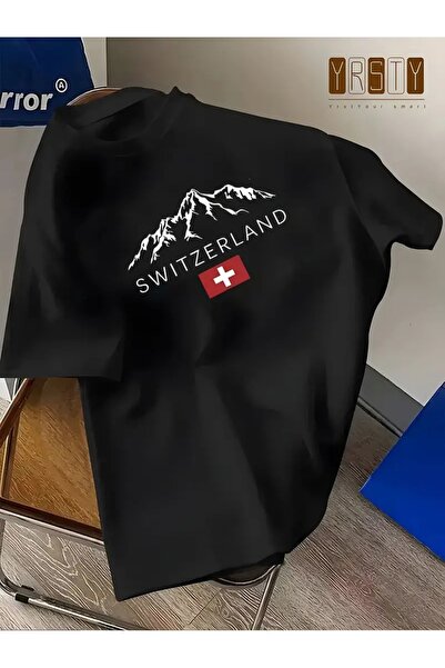 Massgai Tricou oversize 100% bumbac cu imprimeu Mountain Switzerland cu desig...