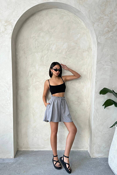 bacc Women's Gray Flounce Comfortable Fit Elastic Waist Linen Shorts Bchn- 25255058