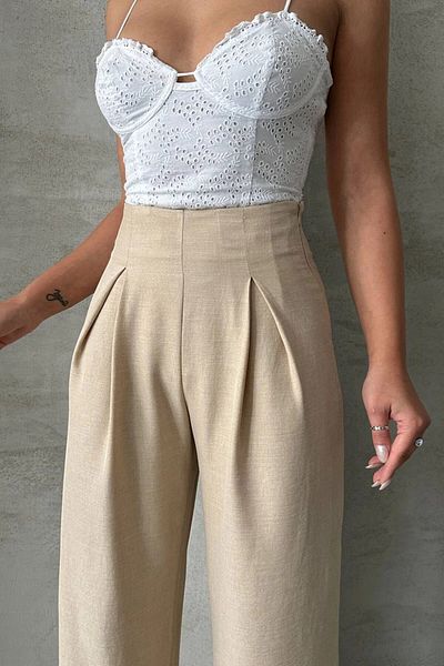 bacc Women's Beige Linen Double Pleated Woven Trousers Bchn- 25255046
