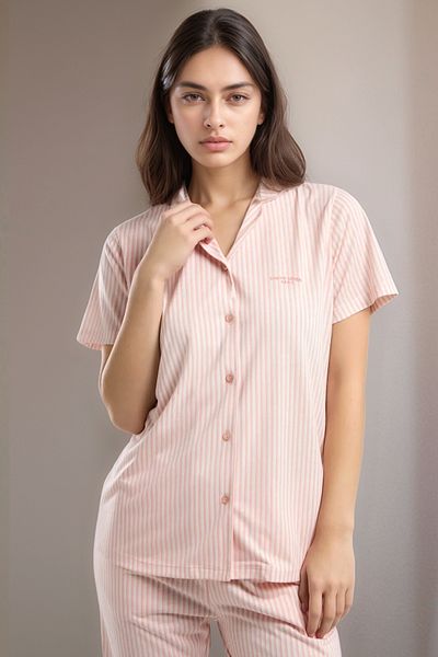Pierre Cardin Set de pijamale pentru femei cu licență, cu mâneci scurte, cu dungi și nasturi