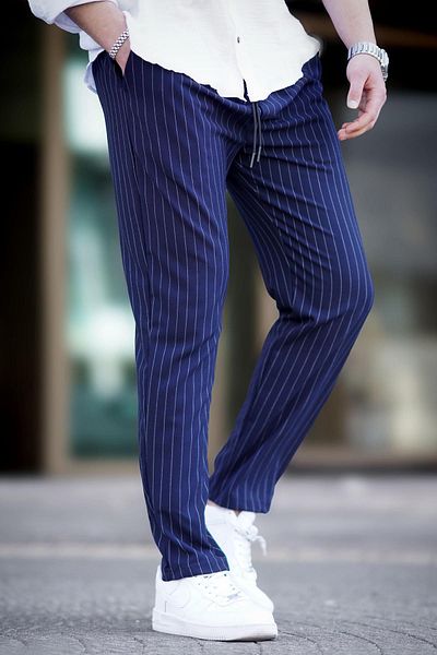 Madmext Navy Blue Striped Men's Fabric Trousers 6537