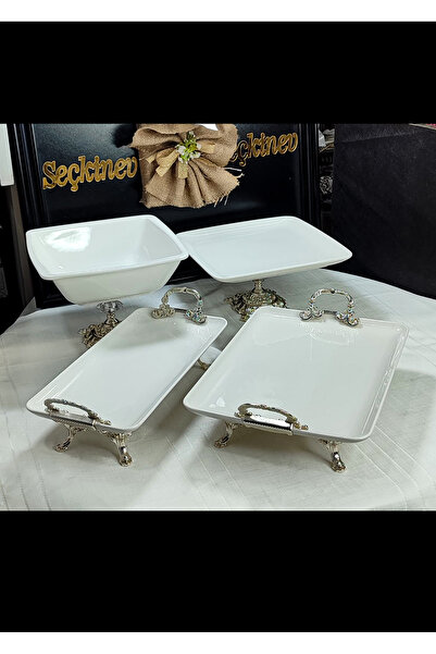 SEÇKİNEV Pisa 4 Parça Ayaklı ve Kulplu Krem(Kırık Beyaz) Porselen Sunum Tabağı Set