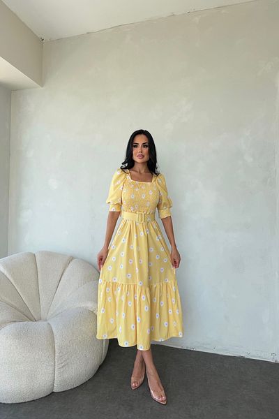 kamacibutik Daisy Patterned Dress with Watermelon Sleeve Belt