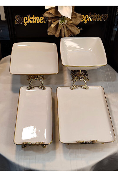 SEÇKİNEV Pisa 4 Parça Ayaklı ve Kulplu Krem(Kırık Beyaz) Porselen Sunum Tabağı Set